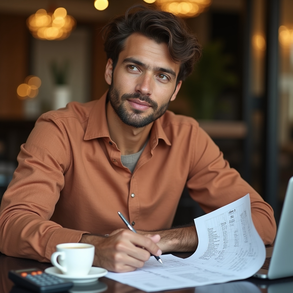 Freelancer plant Wohnungsbudget und Einnahmen am Schreibtisch